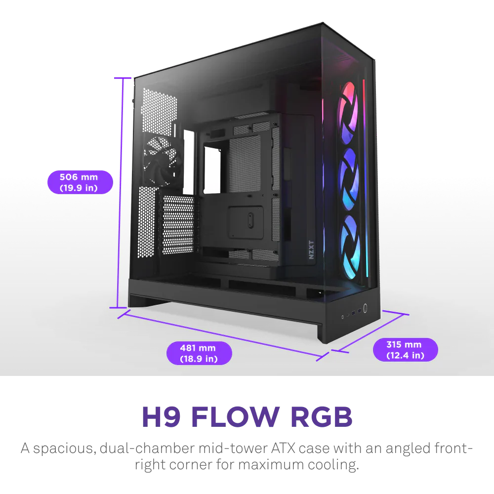 NZXT H9 Flow RGB (2025) Dual-Chamber Mid Tower Case With RGB Fans - All Black