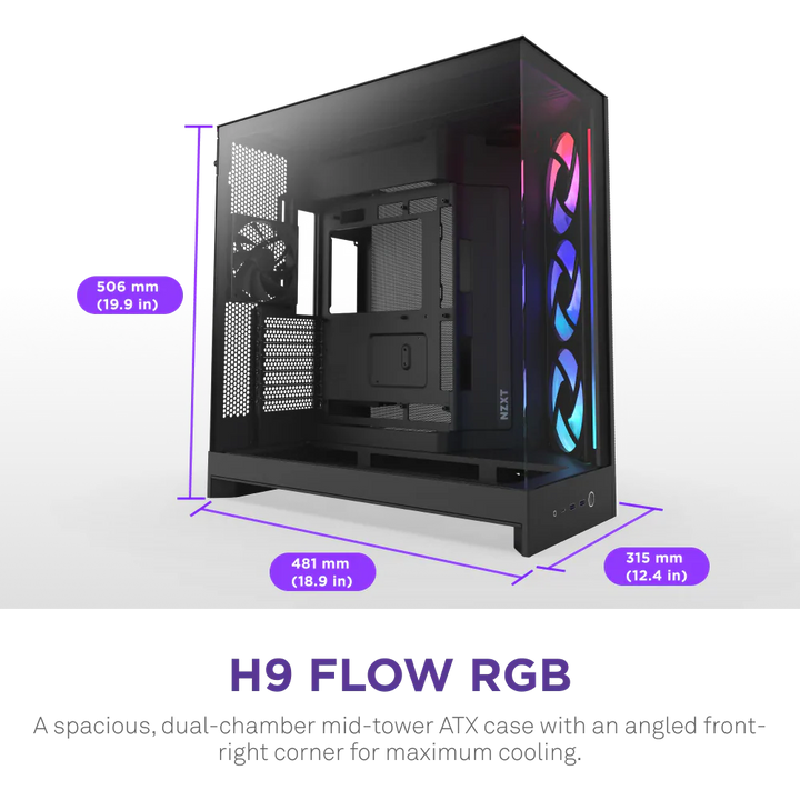 NZXT H9 Flow RGB (2025) Dual-Chamber Mid Tower Case With RGB Fans - All Black