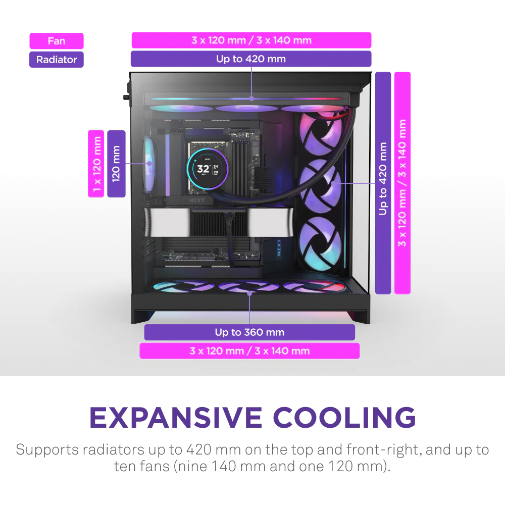 NZXT H9 Flow RGB (2025) Dual-Chamber Mid Tower Case With RGB Fans - All Black