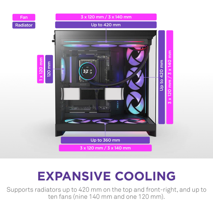 NZXT H9 Flow RGB (2025) Dual-Chamber Mid Tower Case With RGB Fans - All Black