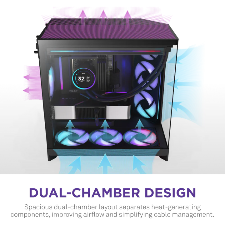 NZXT H9 Flow RGB (2025) Dual-Chamber Mid Tower Case With RGB Fans - All Black