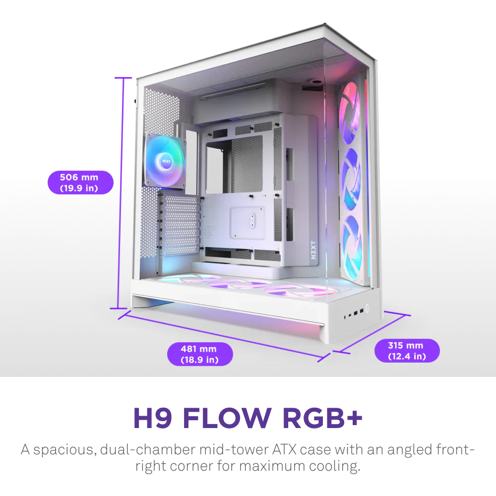 NZXT H9 Flow RGB+ (2025) Dual-Chamber Mid Tower Case With RGB Fans & Control Hub - All White