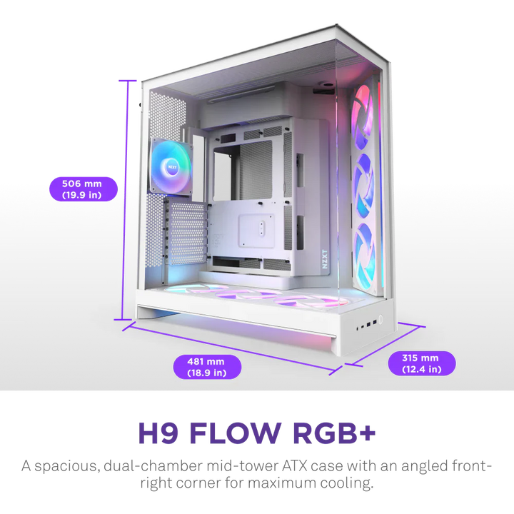 NZXT H9 Flow RGB+ (2025) Dual-Chamber Mid Tower Case With RGB Fans & Control Hub - All White