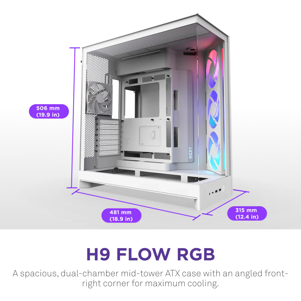 NZXT H9 Flow RGB (2025) Dual-Chamber Mid Tower Case With RGB Fans - All White