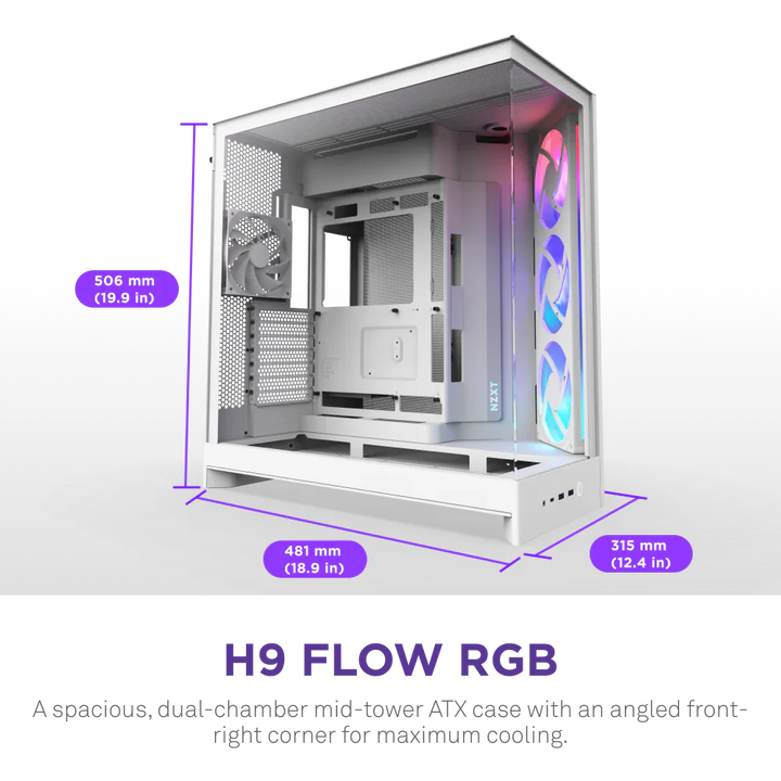 NZXT H9 Flow RGB (2025) Dual-Chamber Mid Tower Case With RGB Fans - All White