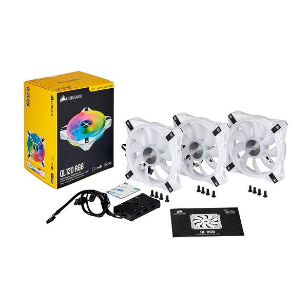 Corsair iCUE QL120 RGB 120mm PWM White Fan - Triple Fan Kit with Lighting Node CORE