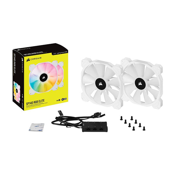 Corsair iCUE SP140 RGB ELITE Performance 140mm White PWM Fan - Dual Fan Kit with Lighting Node CORE