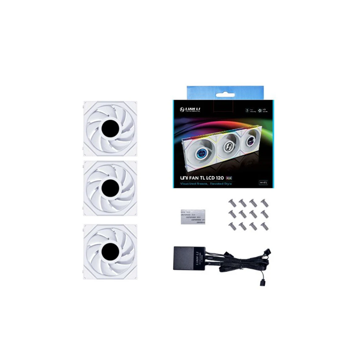LIAN LI UNI FAN TL LCD 120mm ARGB Cooling Fan with 1.6" LCD Screen (Pack of 3) - White