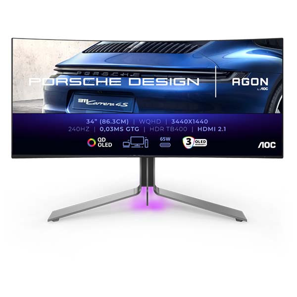 AOC AGON PRO PD34 Porsche Design - 34 Inch WQHD 240Hz 0.03ms HDMI 2.1 QD OLED Curved Gaming Monitor - Black